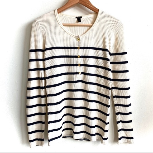 J. Crew Striped Waffle Knit Thermal Henley Long Sleeve Top Size Large - Picture 1 of 8